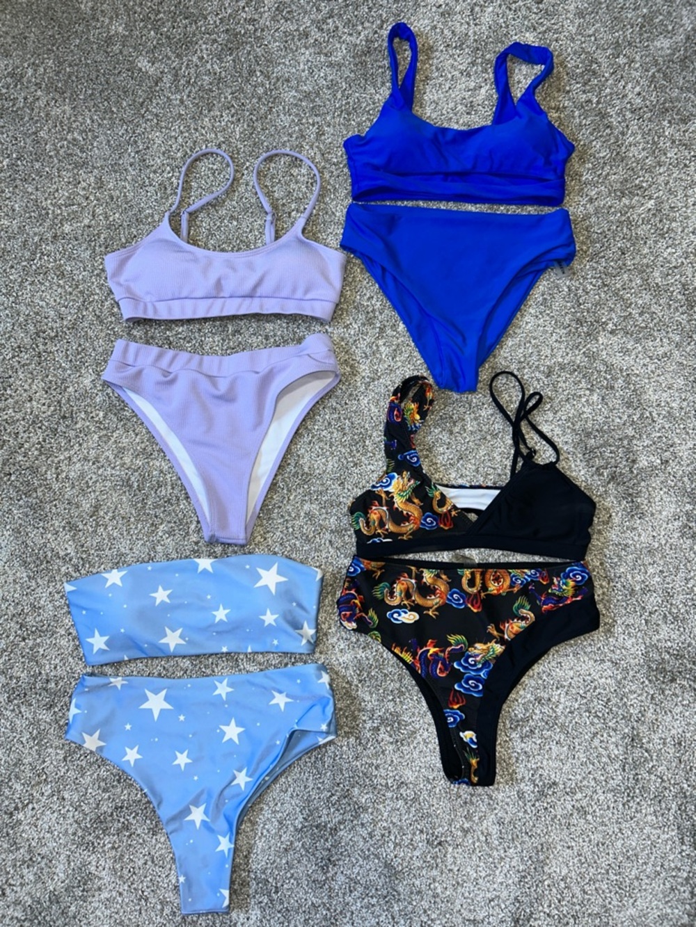 Mixed 5-Pack Bikini Set - Lavender, Royal Blue, Black Dragon, Stars